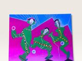 un tableau représentant trois hommes vêtus de vert et de rose en train de danser