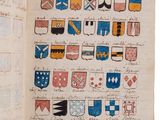 an open book with a drawing of a number of coats of arms