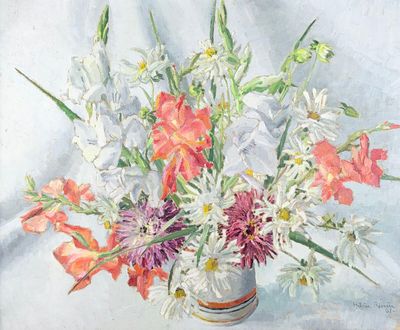 a painting of flowers in a vase on a table