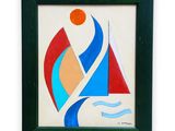 painting of a sailboat with a sun in the background in a green frame
