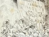 une image représentant un dessin d'un groupe de personnes devant une banderole