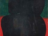 an image of a painting of a black figure on a red and green background