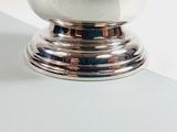 a silver bowl with a black cat inside of it