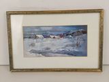 an oil painting of a snowy landscape with a red barn in the distance