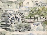 une aquarelle représentant une roue à eau dans un jardin