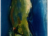 an image of a painting of a dog on a blue background