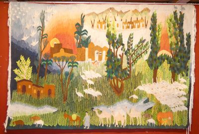 painting of a painting of a rural scene with sheep and trees