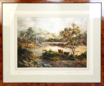 painting of a river scene with cows and a waterfall in the distance