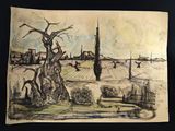 drawing of a tree in a field with a church in the background