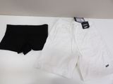 pair of white and black shorts on a white table