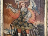 an old painting of an angel holding a sword and a shield
