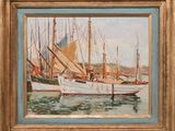an oil painting of a sailboat in a harbor with other boats in the water
