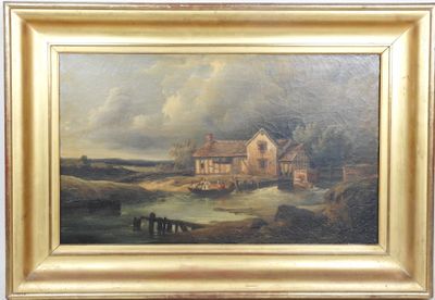 une image représentant un tableau représentant une scène de campagne avec une rivière et une maison