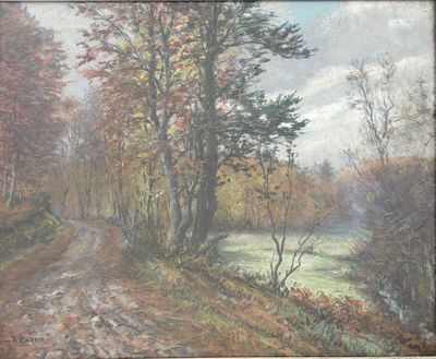 an oil painting of a country road in the fall with trees on either side of the road