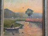 tableau représentant un homme dans un bateau sur un lac, avec un coucher de soleil en arrière-plan