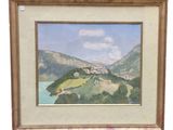 an image of a painting of a village on a hill