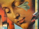 painting of a woman ' s face with a piece of paper in her eye