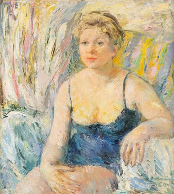 tableau représentant une femme en robe bleue assise sur un canapé