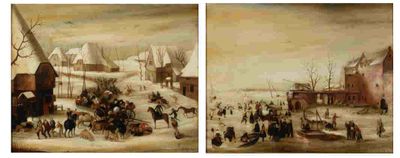 IDA CALZOLARI (B. 1936) Pair of winter village scenes