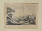 painting of a horse drawn carriage in a landscape with a castle in the background