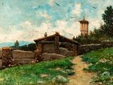 an oil painting of a small house on a hill with a clock tower in the background