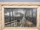 an oil painting of a person walking down a road in the snow
