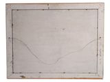 an old white painted picture frame with a crack in it