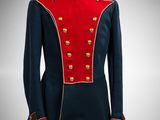 a red and blue military jacket with gold buttons on a mannequin head