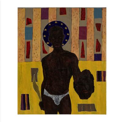 un tableau représentant un homme noir en sous-vêtements tenant une batte de baseball