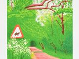 peinture représentant un panneau « Attention, chevaux » sur un chemin de terre dans les bois