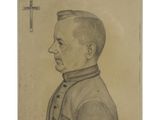 an old drawing of a man with a cross in the background
