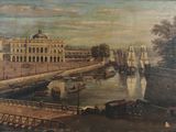 tableau représentant une vue sur une rivière, avec des bateaux et des bâtiments en arrière-plan