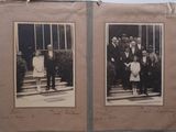 two old black and white photos of a group of people in front of a building