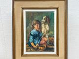 painting of a young girl with a dog on a easel