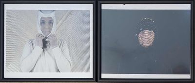 two framed photographs of a woman in a white dress and a pine cone