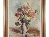 une peinture à l'huile représentant un vase de fleurs sur une table