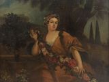 tableau représentant une femme en robe marron tenant un bouquet de fleurs
