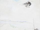une image représentant un tableau où l'on voit un oiseau volant au-dessus d'une montagne
