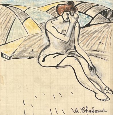 drawing of a woman sitting on a beach with an umbrella