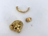 a close up of a gold lion head and earring on a white surface