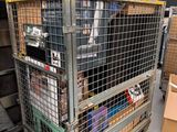 a metal cart with boxes on top of it in a store