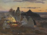 une image représentant un tableau où l'on voit un groupe de personnes assises autour d'un feu de camp