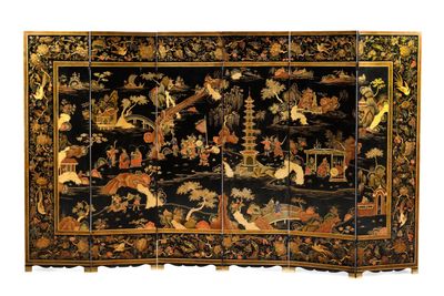 an image of a black and gold decorated screen with birds and flowers
