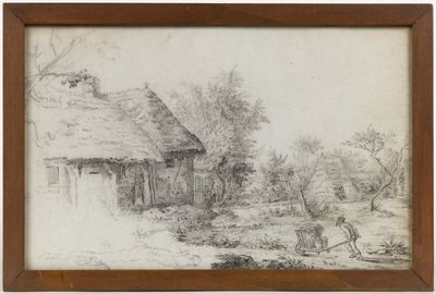 an old drawing of a farm scene with a horse and a house