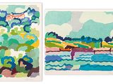 deux tableaux représentant des arbres et un plan d'eau sur fond blanc