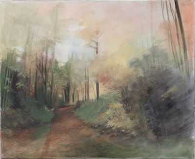 peinture représentant un chemin de terre dans une zone boisée, avec des arbres