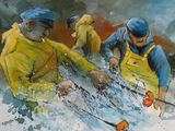 tableau représentant deux hommes en tenue de travail jaune en train de sortir un poisson de l'eau