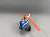 a small blue and white toy helicopter with a red propeller
