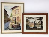 painting of a fountain and a picture of a building