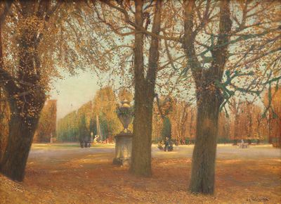 un tableau représentant un parc avec des arbres et une statue